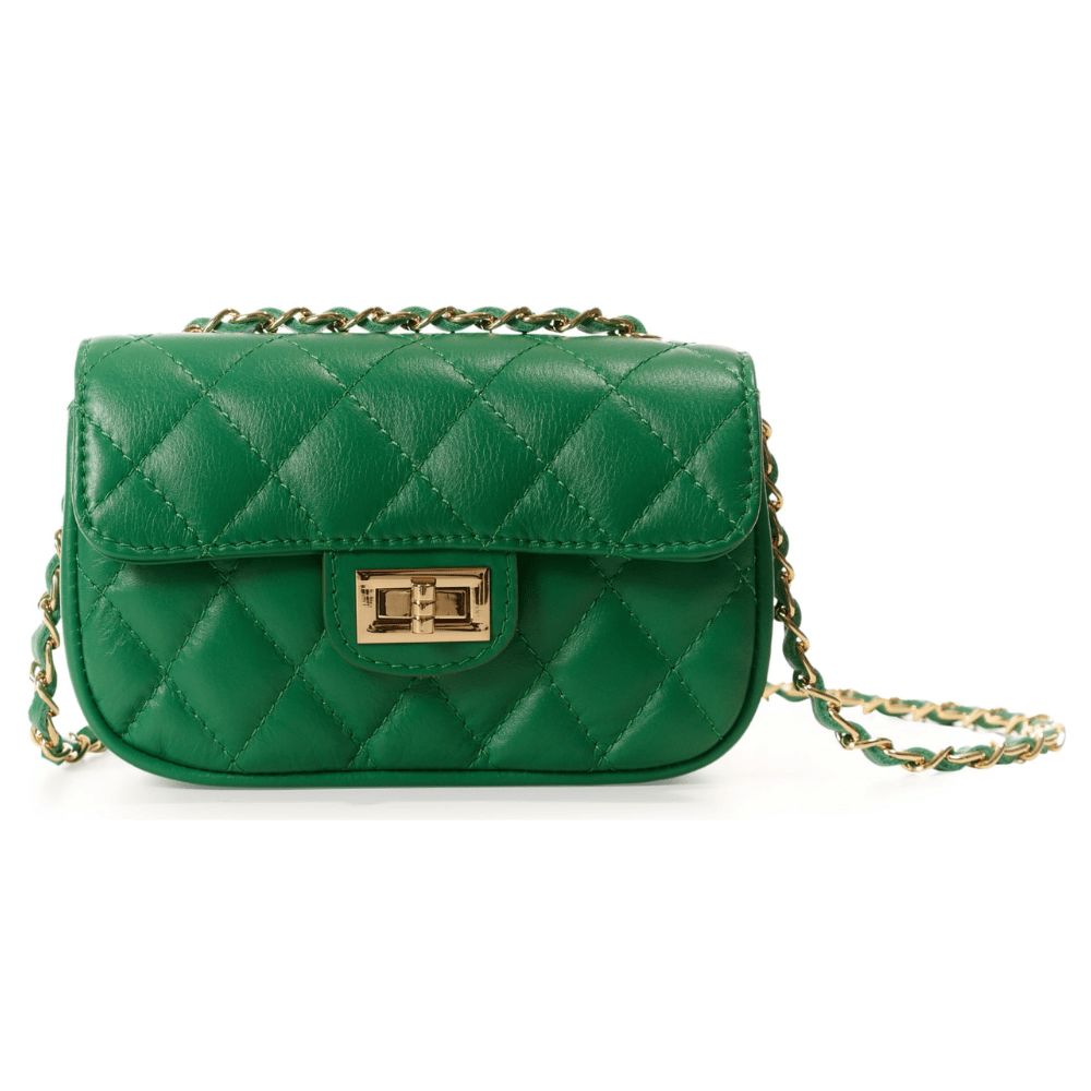 Diamond Quilted, Emerald Green Leather Shoulder Bag with Golden Chain Strap