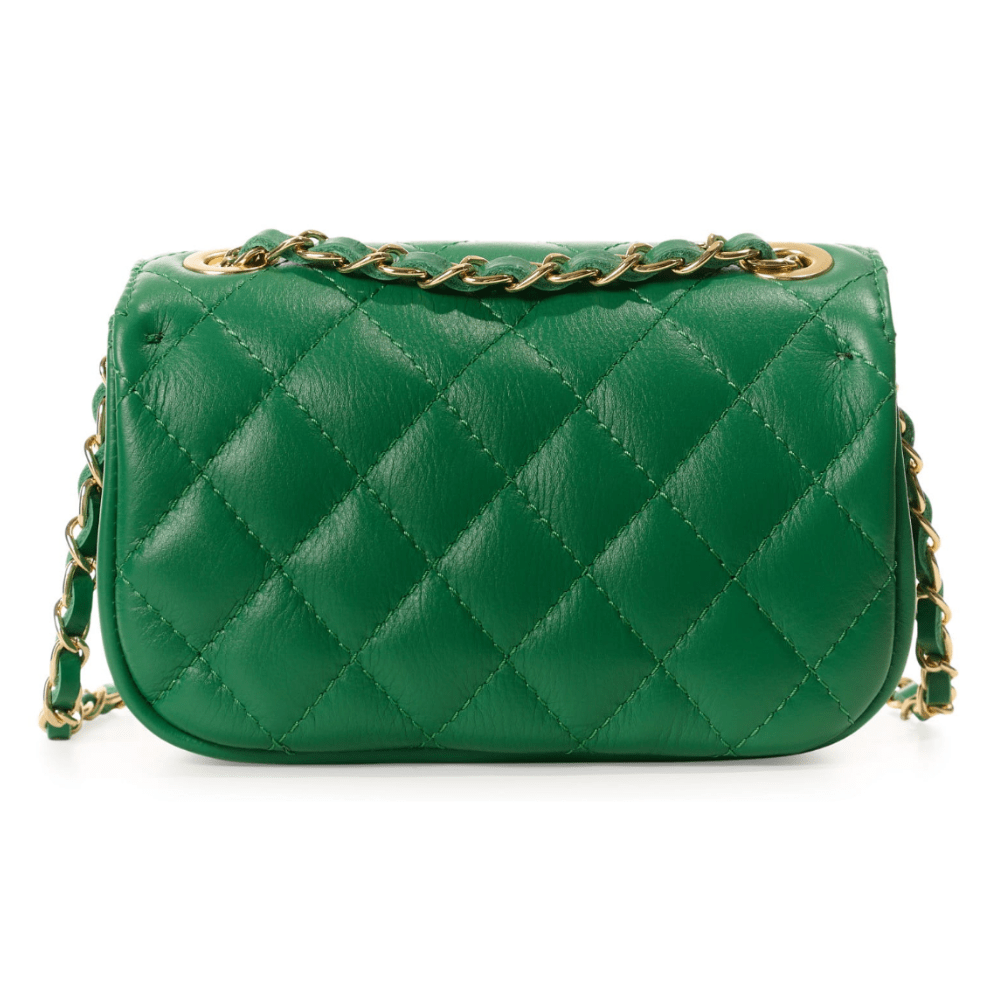 Diamond Quilted, Emerald Green Leather Shoulder Bag with Golden Chain Strap - Image 2