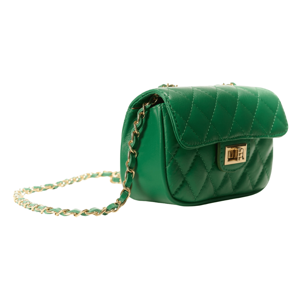Diamond Quilted, Emerald Green Leather Shoulder Bag with Golden Chain Strap - Image 3